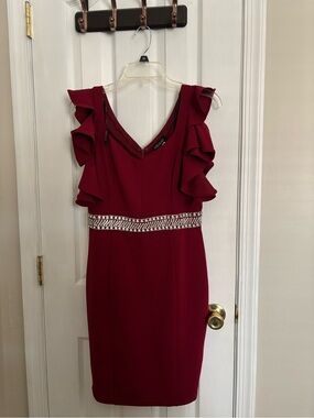 Nikibiki Burgundy Ruffle Midi Dress with Jeweled Waist